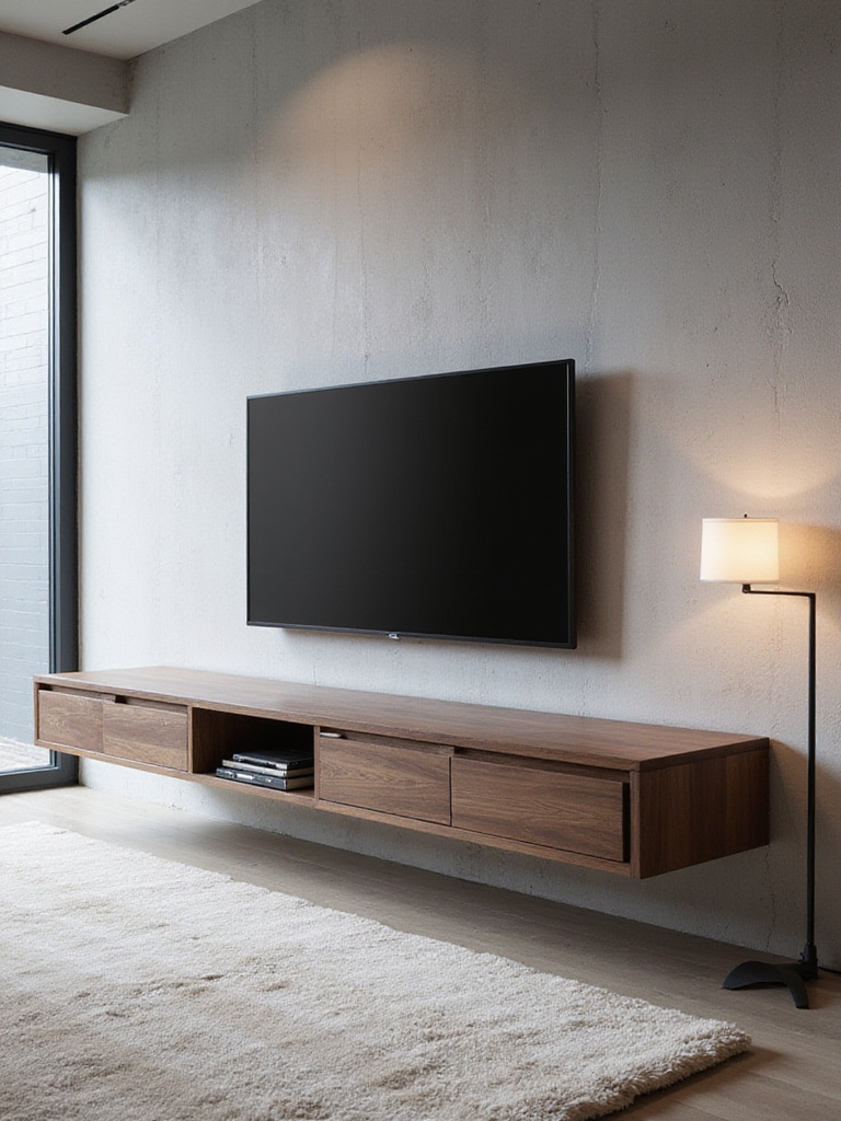 Modern living room featuring a floating dark walnut media console with a flat-screen TV above it.