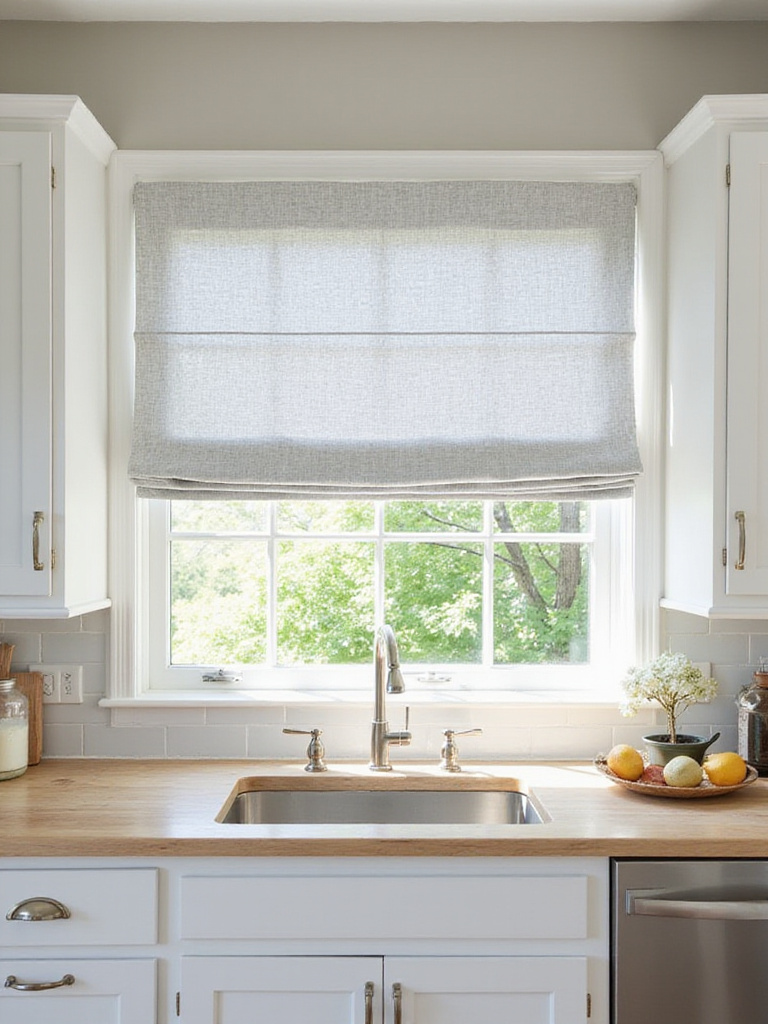 Modern farmhouse kitchen with patterned Roman shades on window above sink.