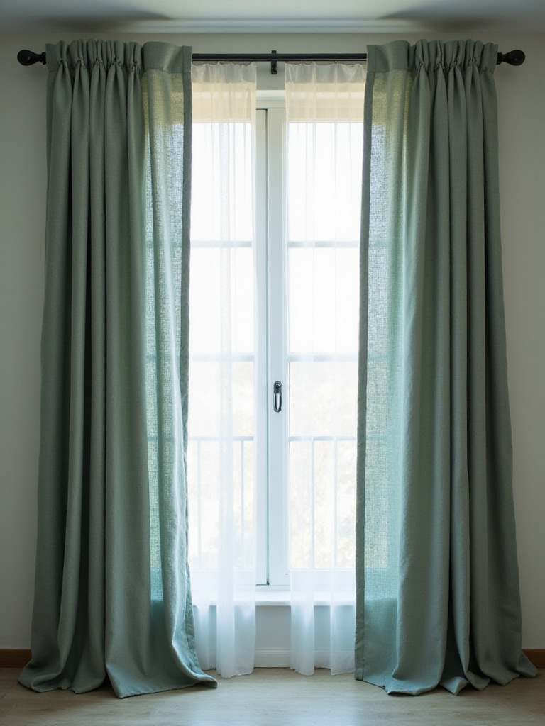 An apartment bedroom window framed by elegant, floor-length curtains in a calming color, hung high and wide on a stylish rod.