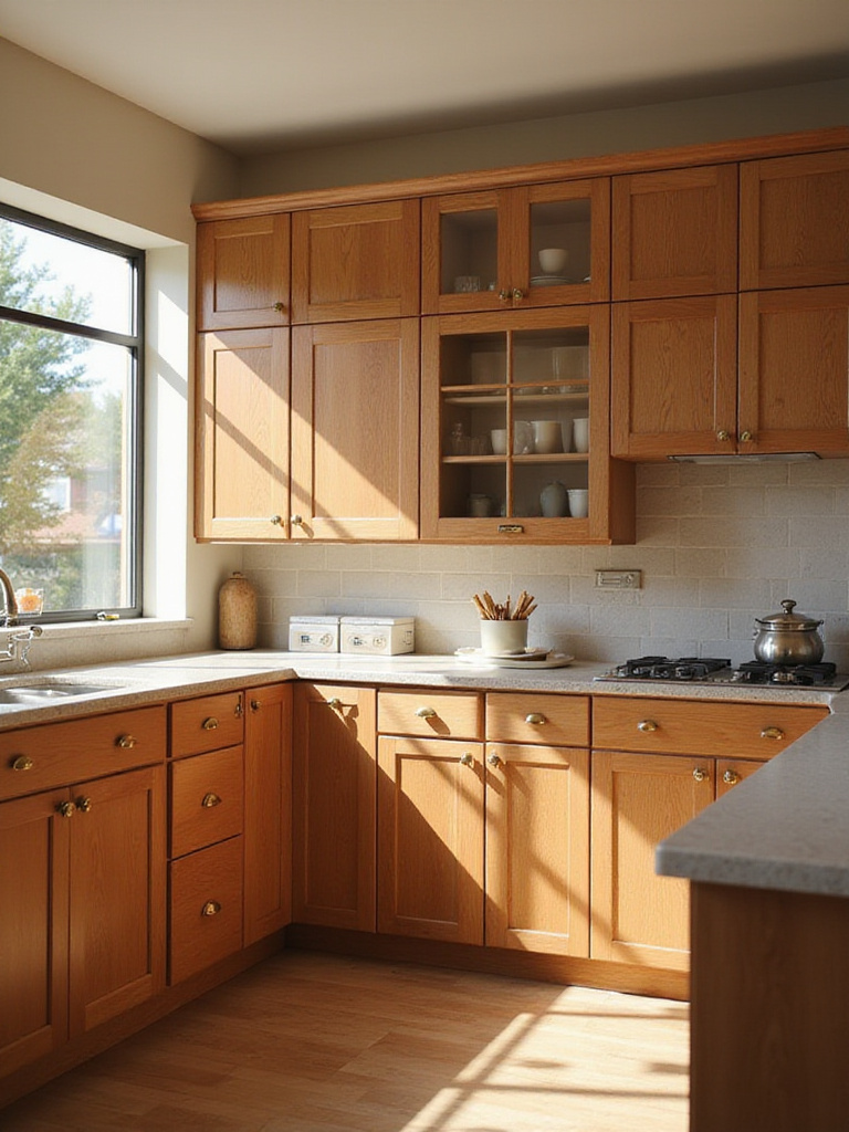 Various shades of brown kitchen cabinets, from light honey to dark espresso.