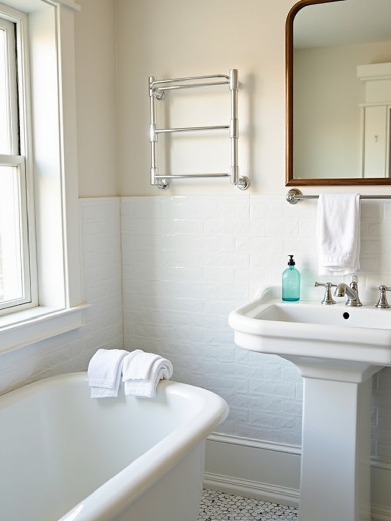 Classic bathroom design featuring polished chrome towel bars and rings holding white towels on subway tiled walls.