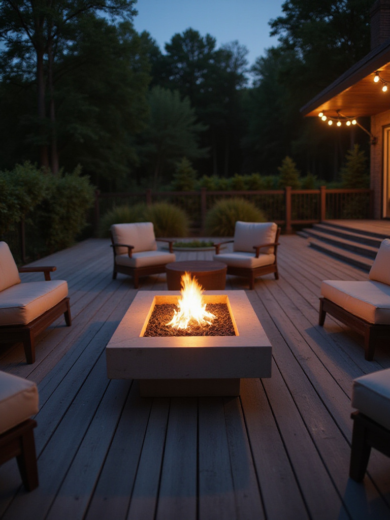 Stylish concrete and metal gas fire table on a wooden deck surrounded by comfortable outdoor chairs at dusk, with soft ambient lighting.