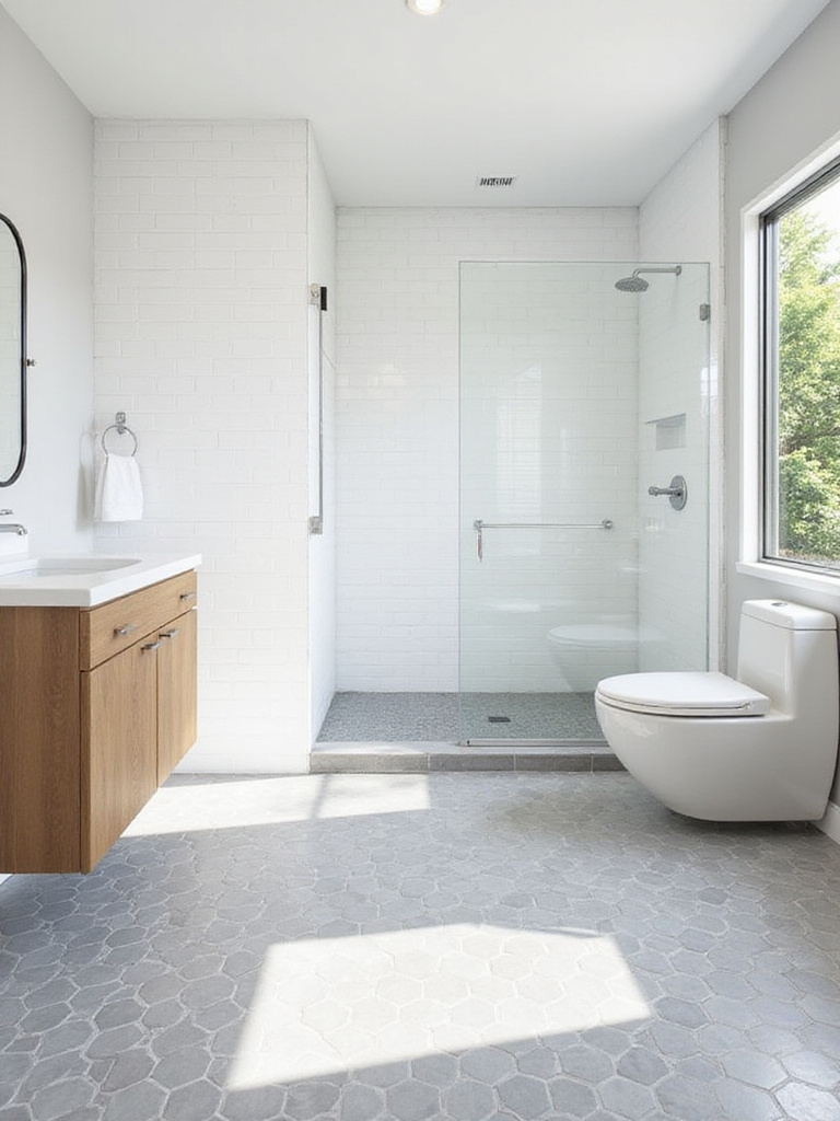 Bathroom floor featuring light and dark gray hexagon tiles transitioning into a shower.