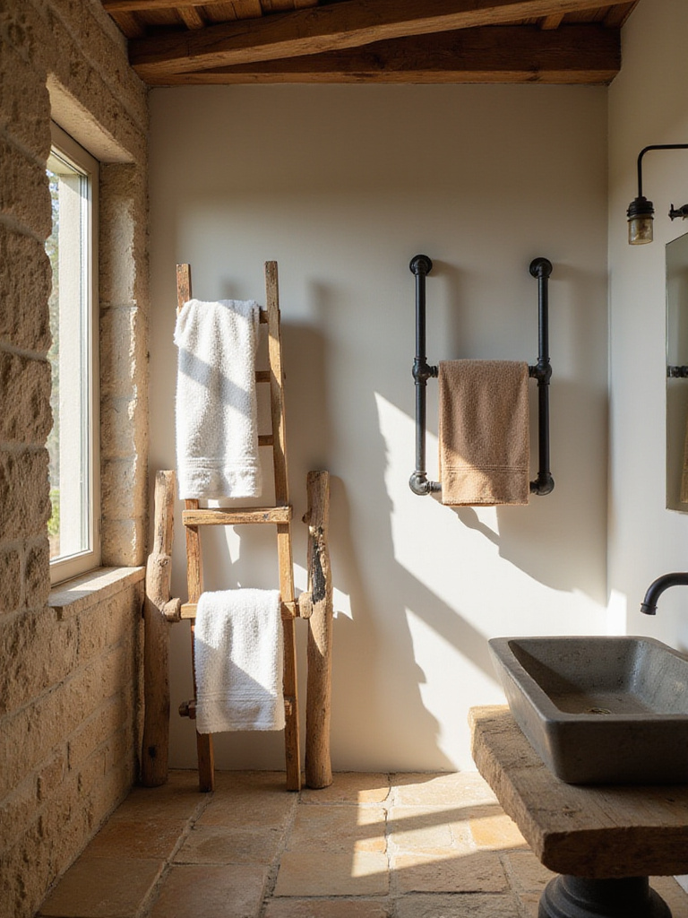 Distressed wooden ladder leaning against a wall holding towels, and a wall-mounted black iron pipe towel rack in a rustic bathroom with stone floor and wood vanity.