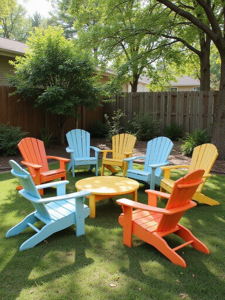 Brightly painted outdoor patio furniture in a sunny backyard, showcasing chairs, a table, and a bench in fresh, vibrant colors.