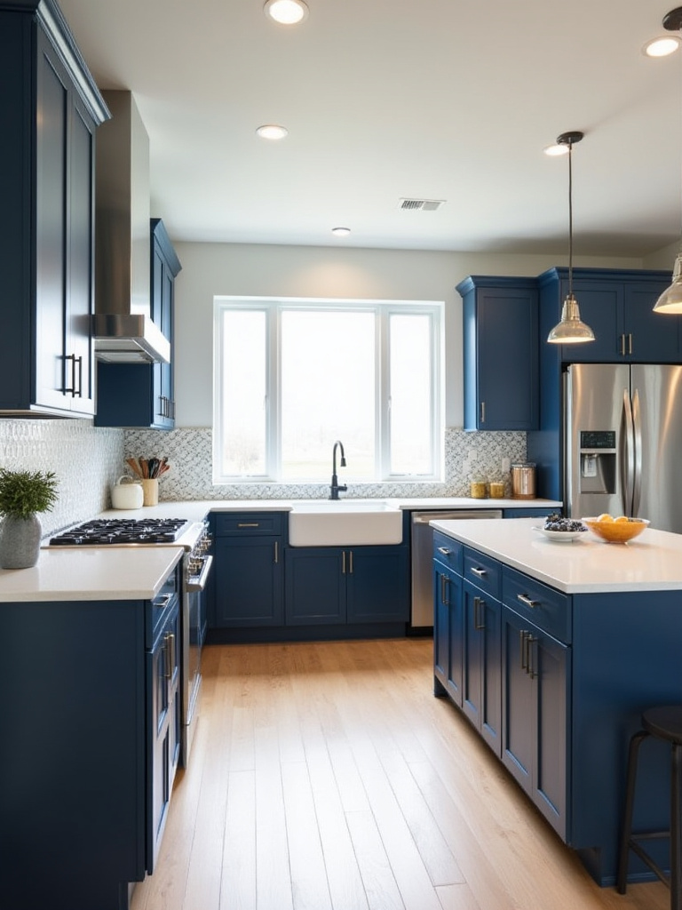 Contemporary kitchen featuring bold matte navy blue cabinets with white quartz countertops and a geometric tile backsplash.