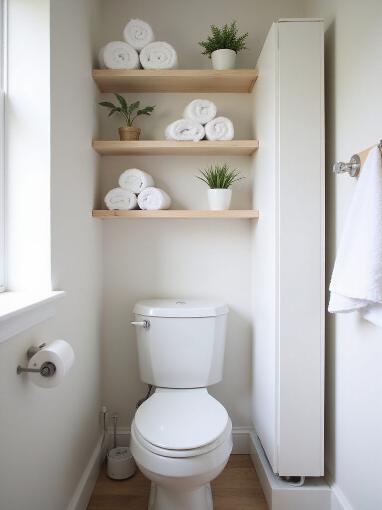 Small bathroom interior showcasing various vertical storage solutions, including floating shelves above a toilet, a tall wall-mounted cabinet, and towel hooks.