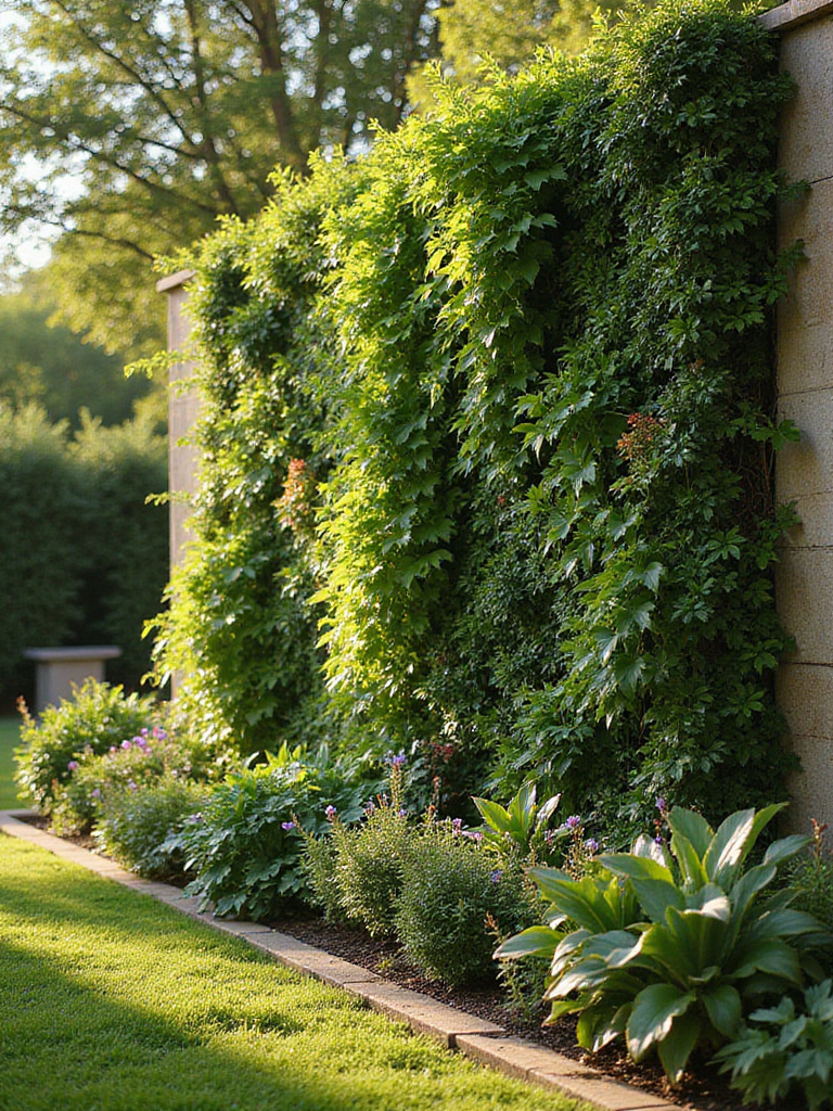A stunning living wall vertical garden densely planted with lush green foliage, colorful flowers, and succulents, transforming a garden wall into a vibrant display.