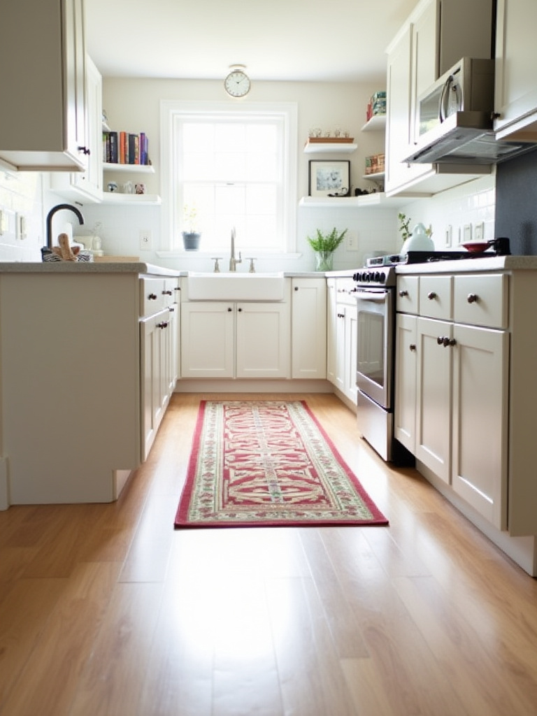 Kitchen with colorful runner rug adding comfort and style