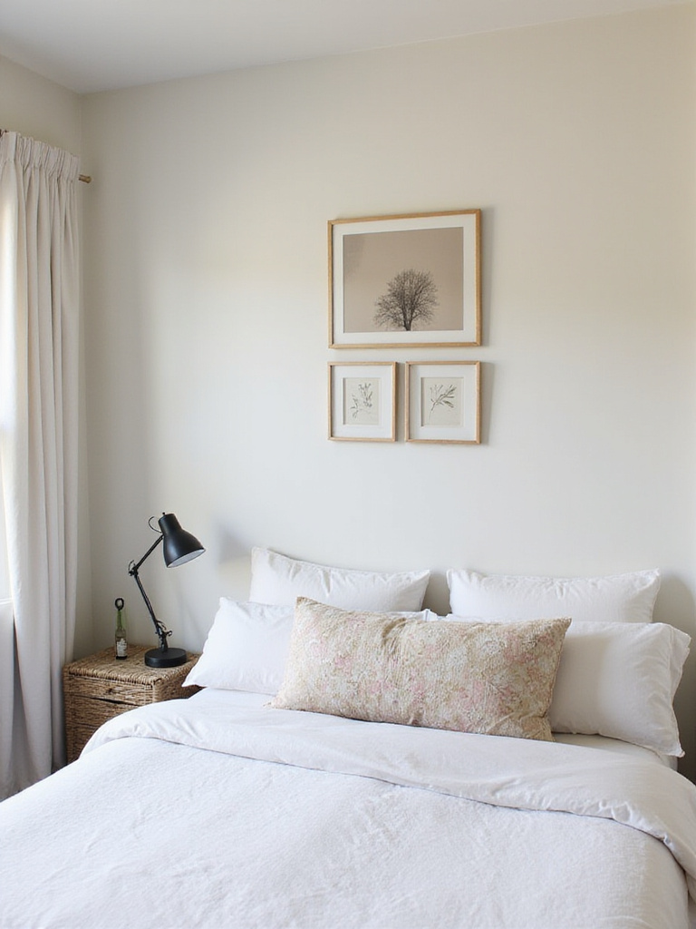 Artwork hung strategically higher on the wall or in a vertical arrangement in a small bedroom to draw the eye up and make ceilings feel taller.