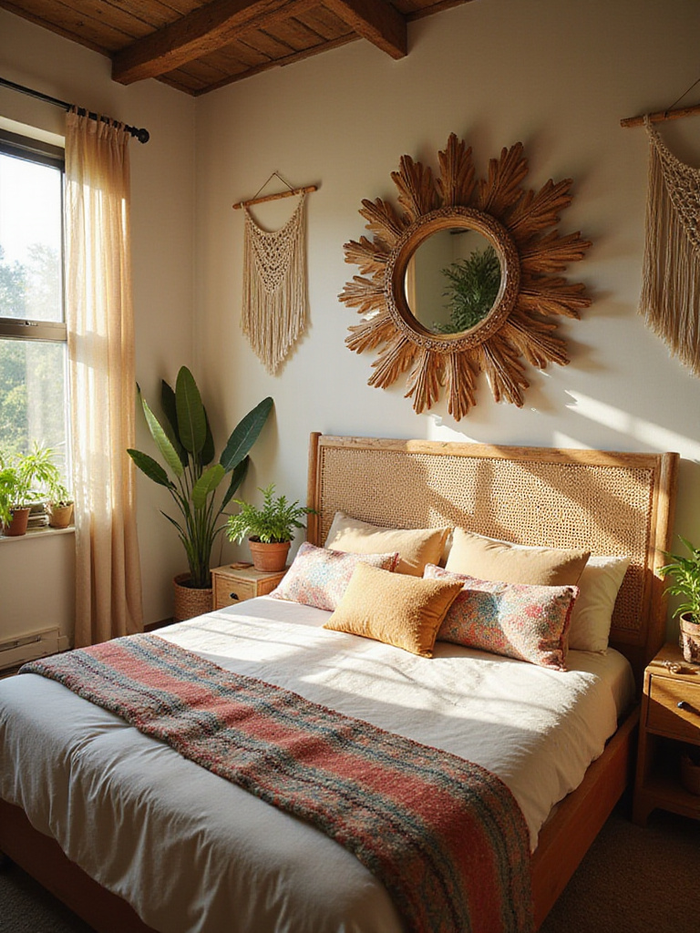 Boho bedroom with a sunburst mirror above the bed.