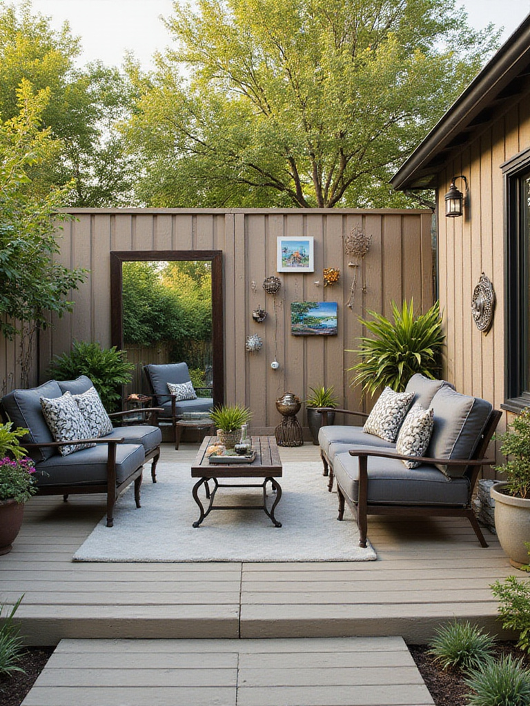 Outdoor deck decorated with weather-resistant art and a large mirror reflecting a garden, creating an inviting outdoor living space.