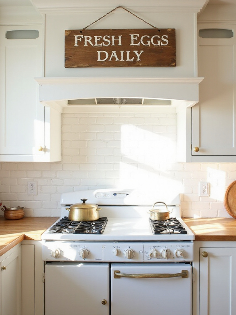 Farmhouse kitchen with vintage-inspired 'Fresh Eggs Daily' sign above the stove.