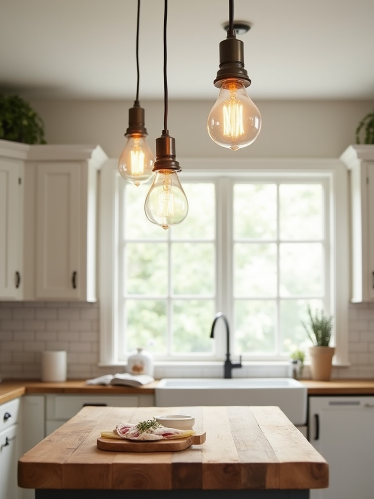 Farmhouse kitchen with vintage-style pendant lights hanging above a butcher block island.