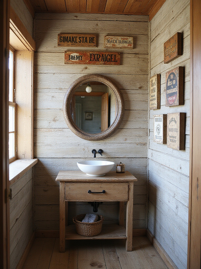 Collection of vintage and rustic wood and metal signs hung on a distressed wood wall in a cozy rustic bathroom, adding personality and charm.
