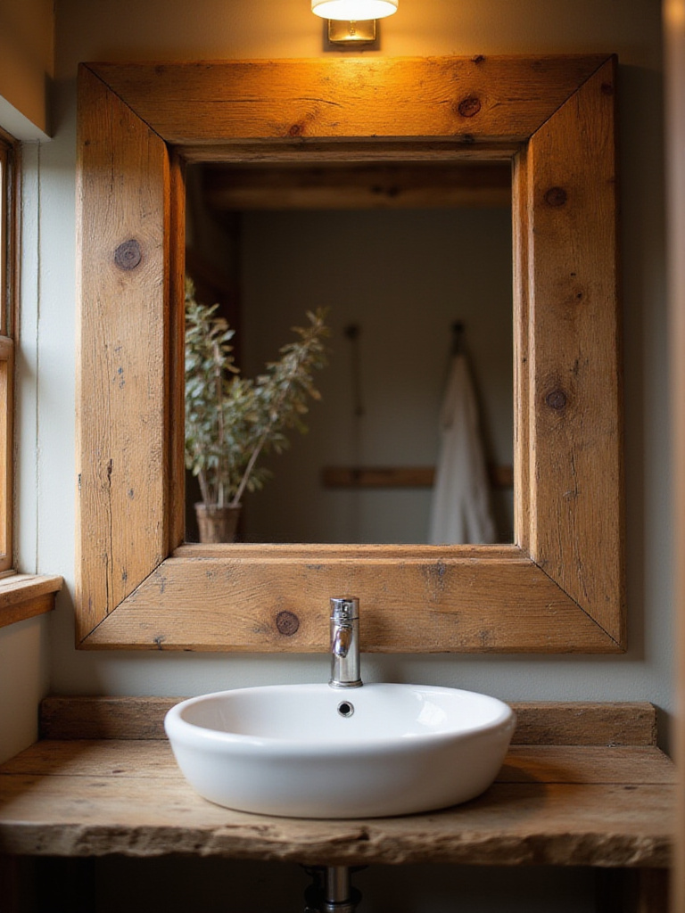 Rustic bathroom featuring a distressed natural wood mirror hanging above a wooden vanity with a white sink. The mirror frame shows aged texture, complementing the farmhouse style of the space.