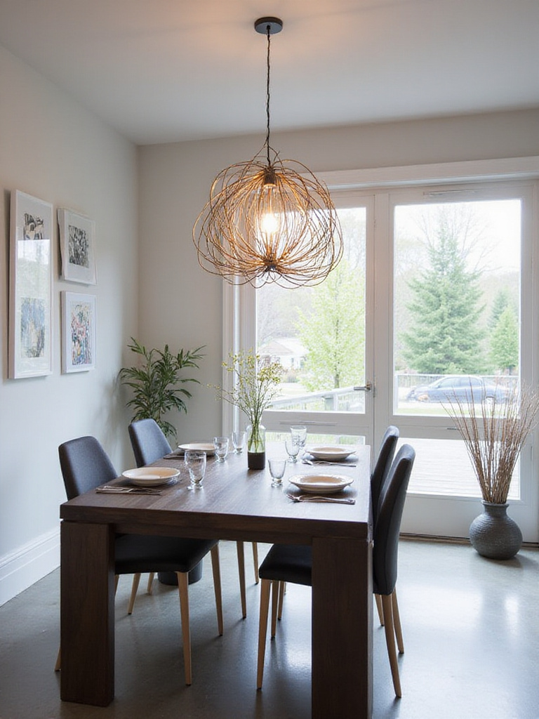 Modern dining room with sculptural metal pendant light above dining table