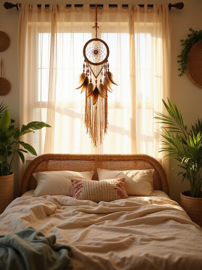 Boho bedroom with dreamcatcher hanging above bed