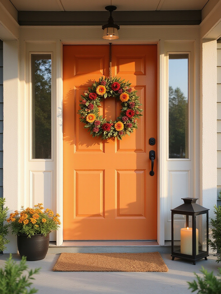 A beautiful wreath hanging on a charming front door, enhancing the home's curb appeal.