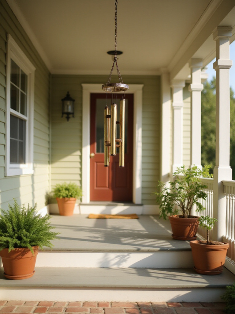 Soothing wind chime hanging on a welcoming front porch with potted plants.