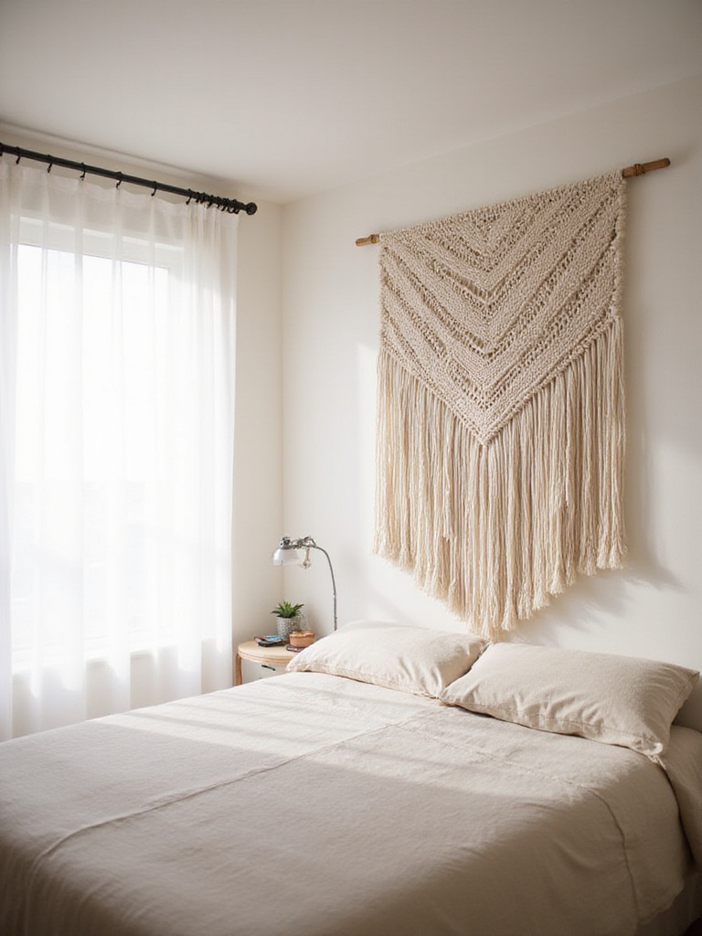 Boho bedroom with large macrame wall hanging above the bed.