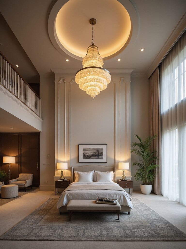Luxurious bedroom featuring a stunning centerpiece chandelier hanging from the ceiling above the bed.