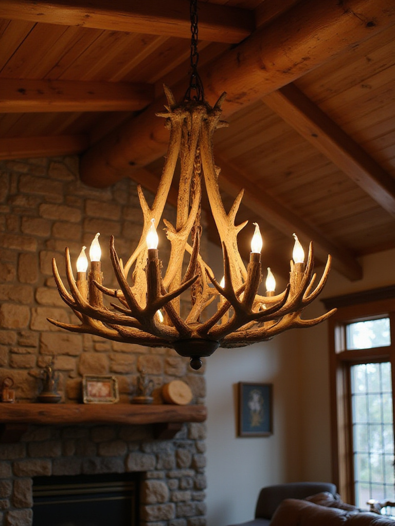 Cozy rustic bedroom with an antler chandelier hanging from a wooden beam ceiling.