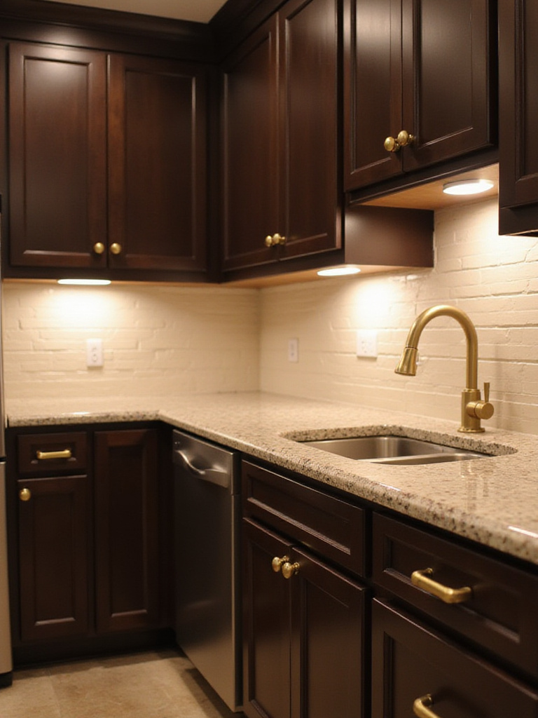 Brown kitchen cabinets with brushed gold knobs and pulls.