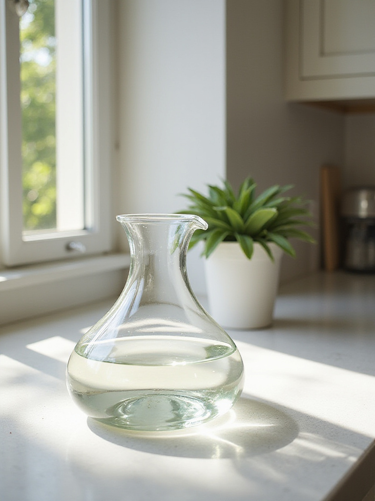 A stylish glass water carafe displayed on a modern kitchen countertop, serving as both functional hydration and decorative accent.