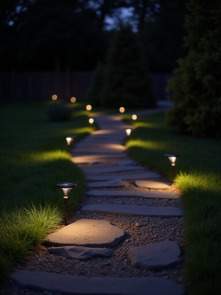 Winding garden path illuminated at dusk by budget-friendly solar stake lights.
