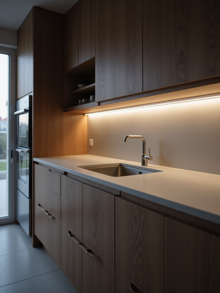 Modern kitchen with dark wood cabinets and light grey countertop illuminated by under-cabinet LED lighting.
