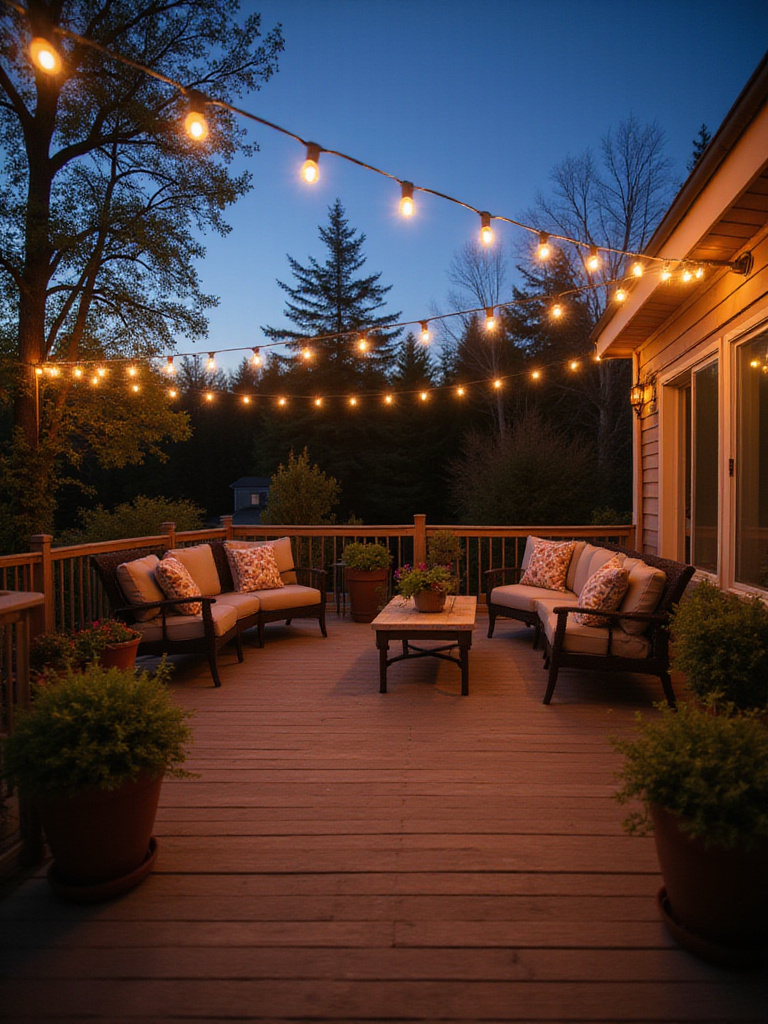 Outdoor deck illuminated by warm string lights strung overhead at dusk, creating a cozy ambiance.