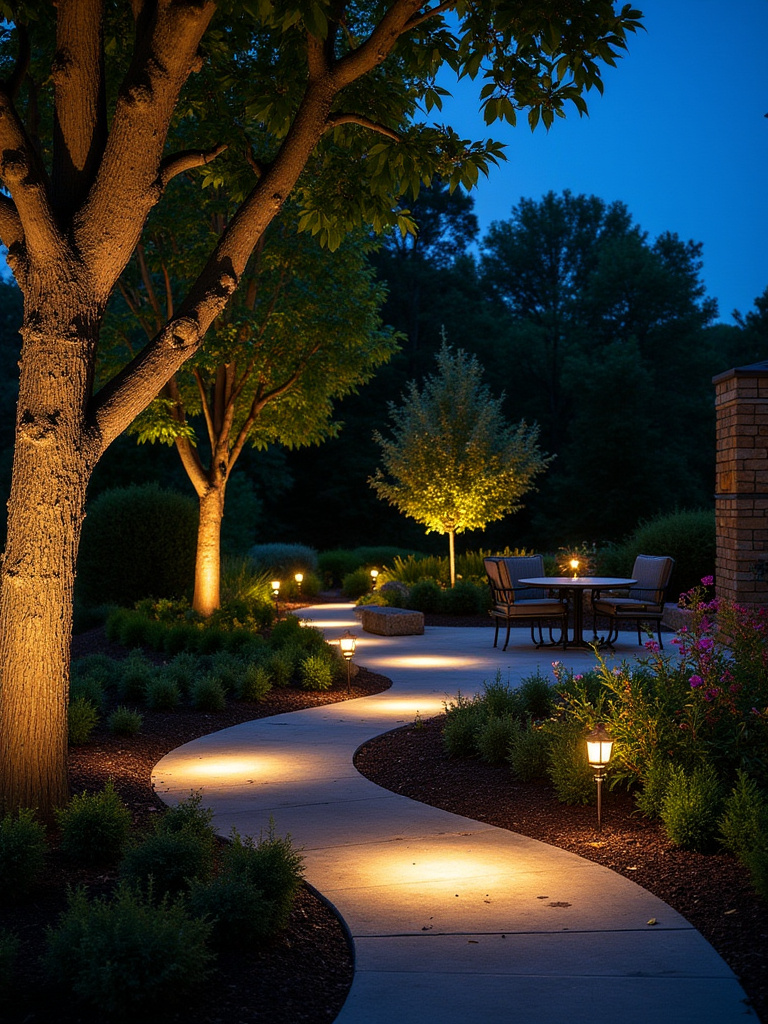 Garden illuminated at dusk with strategic lighting, showcasing uplighting on a tree, path lights along a walkway, and accent lights on flower beds.