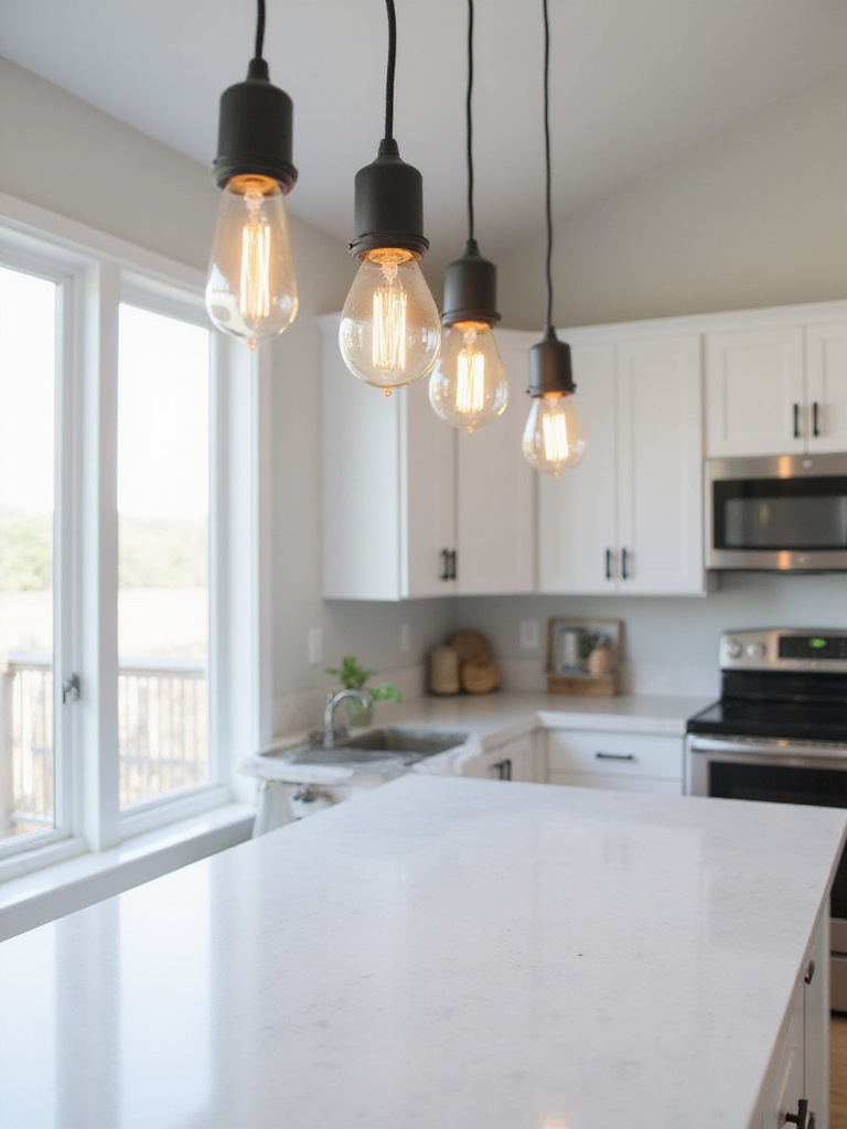 Modern kitchen with black pendant lighting over white marble island