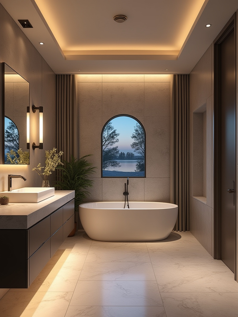 Layered lighting in a modern master bathroom featuring vanity sconces, overhead ambient light, and accent lighting over a soaking tub.