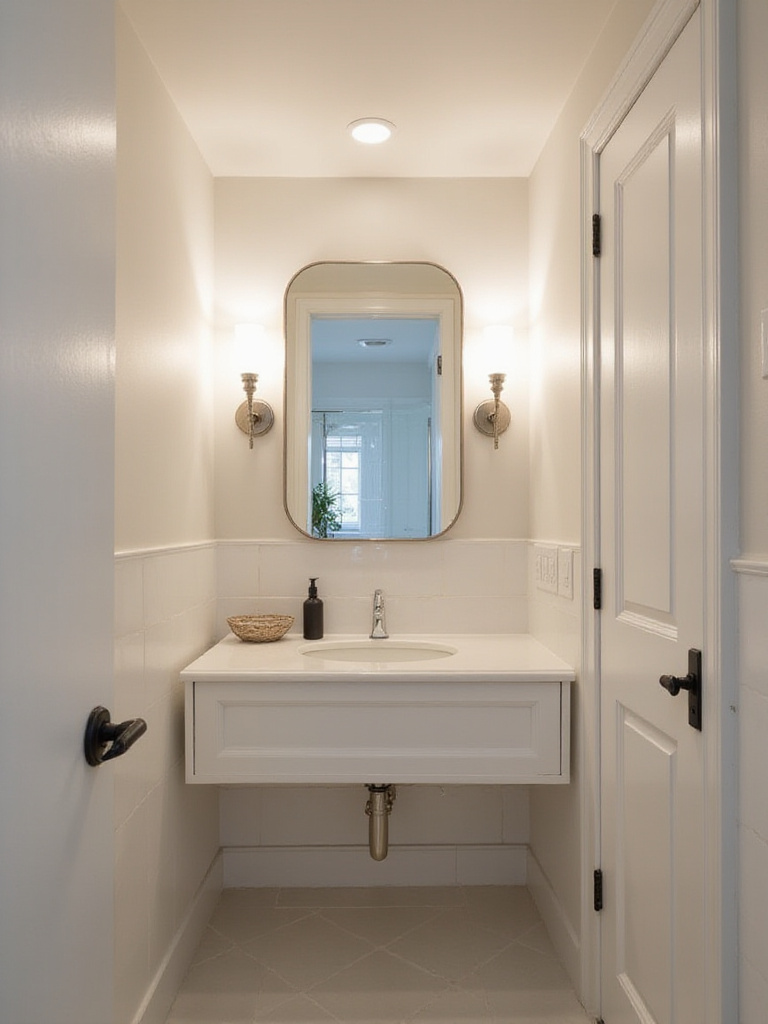 Brightly lit small bathroom interior featuring layered lighting with wall sconces, ceiling fixture, and recessed shower light, making the space appear larger.