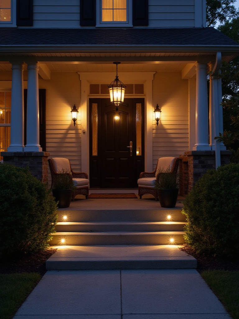 A charming front porch at dusk illuminated by stylish wall sconces, pendant lights, and pathway lighting, enhancing curb appeal and safety.