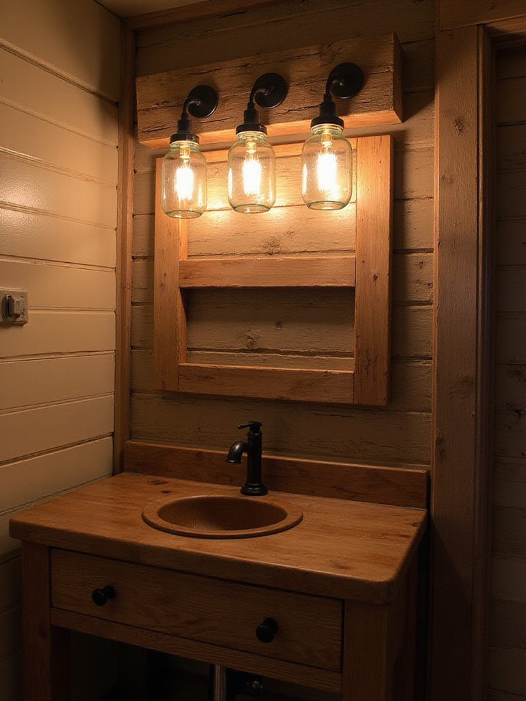 Rustic bathroom vanity with a unique light fixture made from a distressed wooden plank holding three Mason jars with warm filament bulbs.