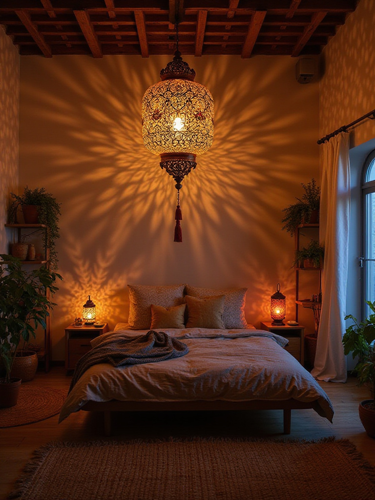 Boho bedroom illuminated with Moroccan lanterns casting warm, patterned light.
