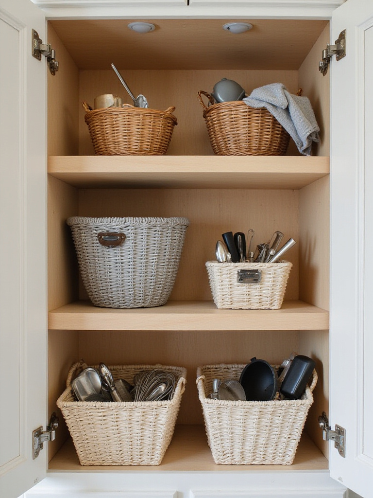 Organized kitchen cabinet with baskets containing small gadgets, showcasing a tidy and efficient storage solution.