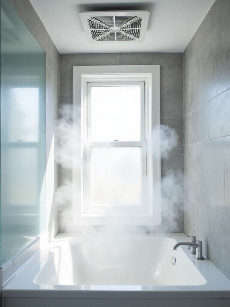 Modern bathroom scene with a powerful exhaust fan clearing steam, demonstrating effective ventilation after a remodel.