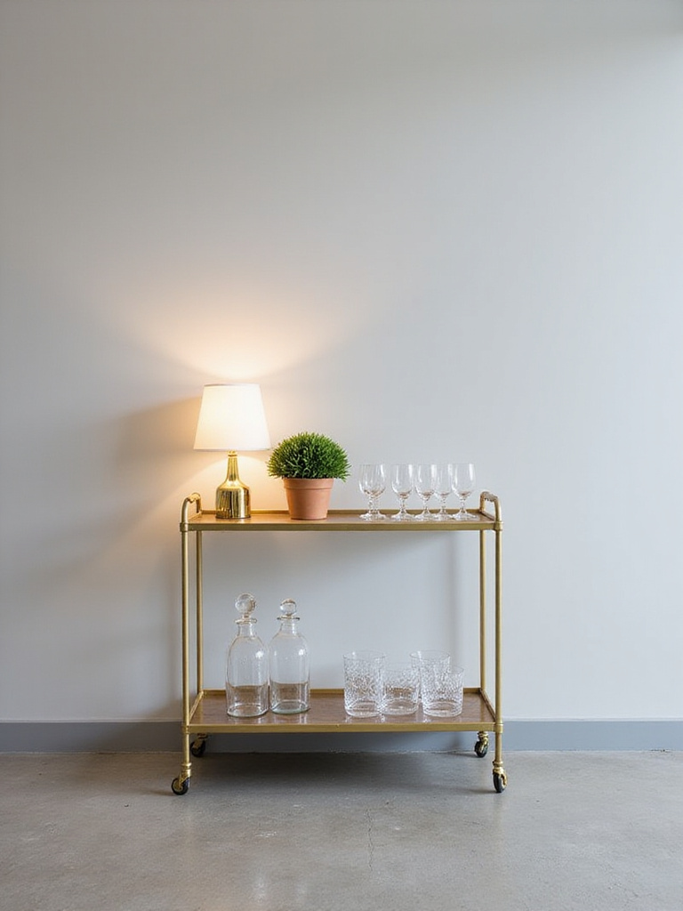 Modern dining room with stylish gold bar cart showcasing glassware and spirits