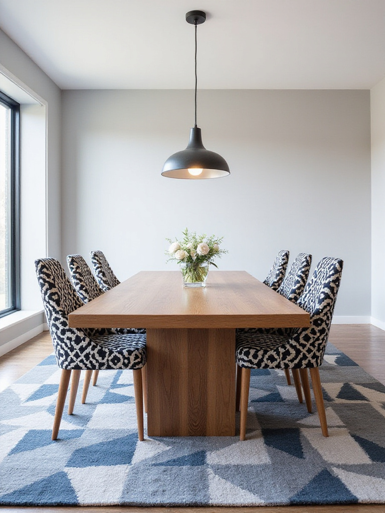 Modern dining room with bold geometric patterns on rug and chairs