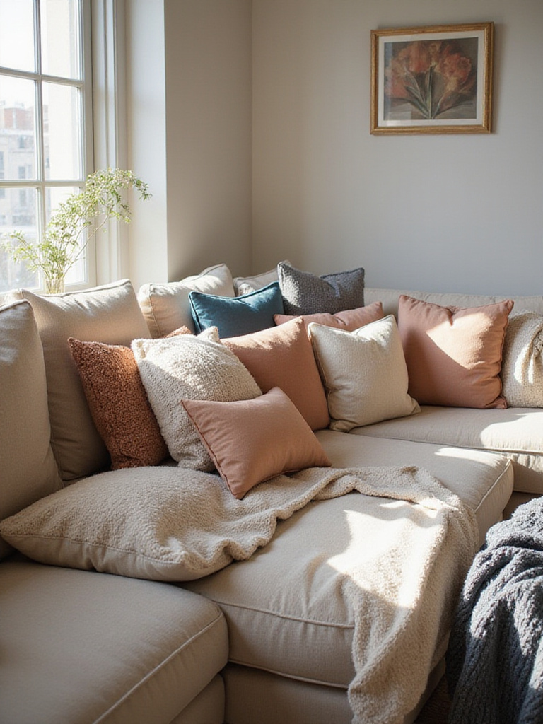 Cozy living room sofa with decorative pillows and throw blanket, enhancing comfort and style.