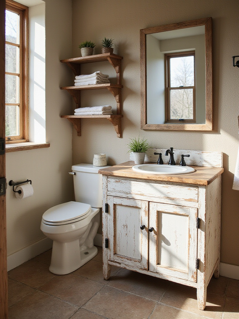 Rustic bathroom featuring a distressed white wooden vanity, a mirror with a distressed wood frame, and distressed wood open shelving, showcasing aged textures for a charming, worn look.