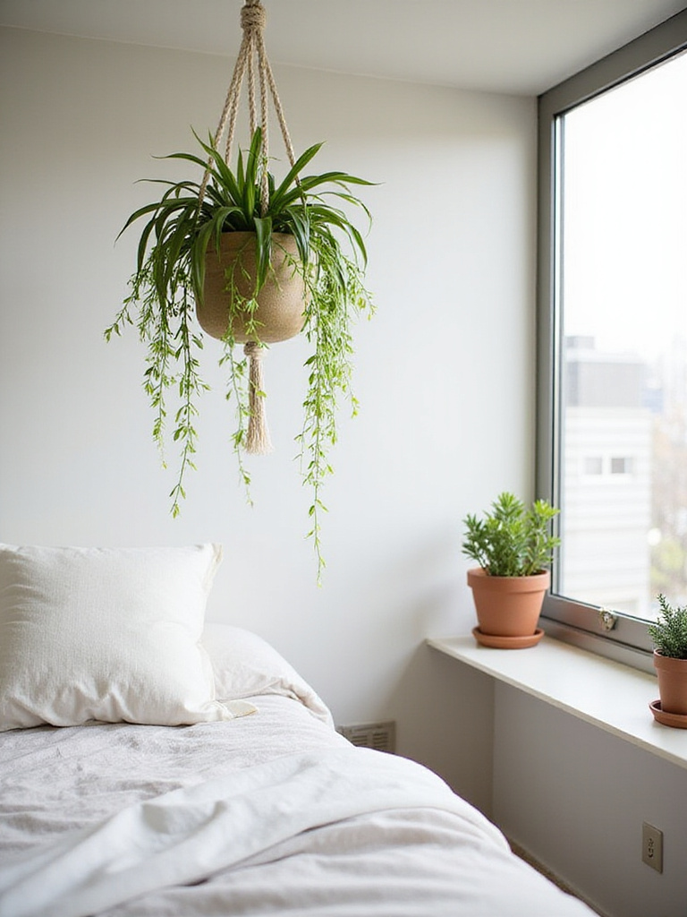Hanging plants and small potted plants incorporated into a small bedroom decor, adding greenery and life without cluttering surfaces.