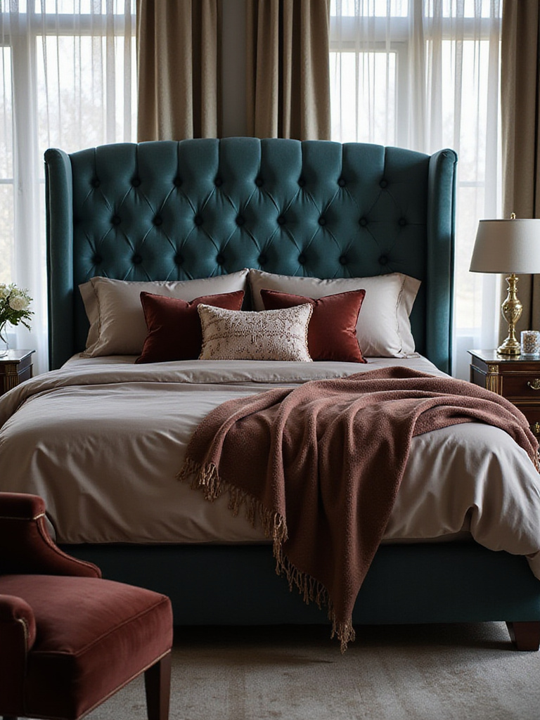 Luxury bedroom featuring a velvet headboard, silk bedding, and cashmere throw, showcasing the use of high-end materials for opulent comfort and texture.
