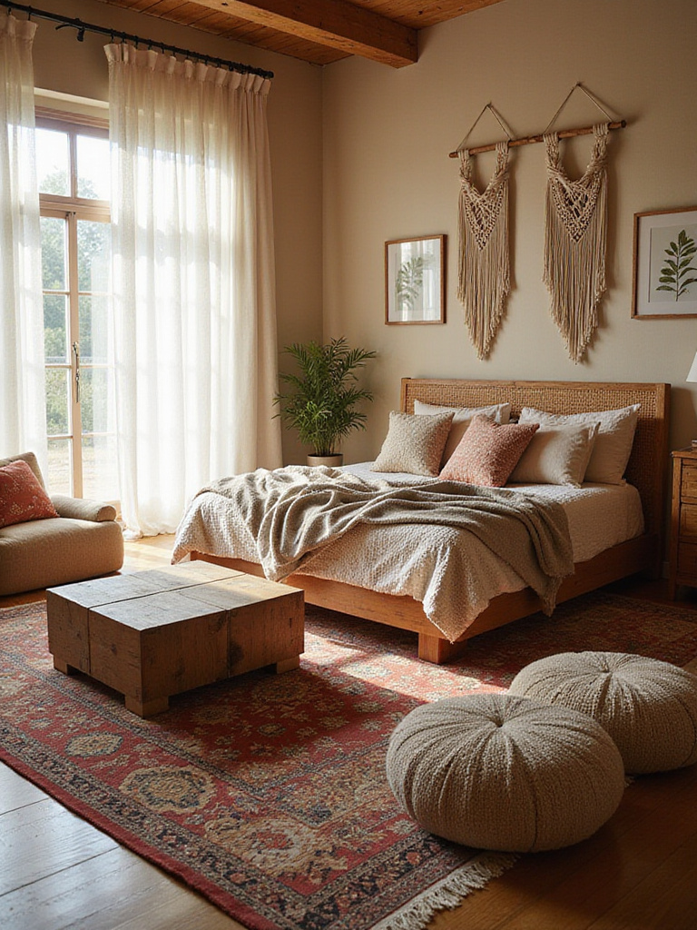 Boho bedroom with low platform bed, layered rugs, and floor cushions for a relaxed, grounded atmosphere.