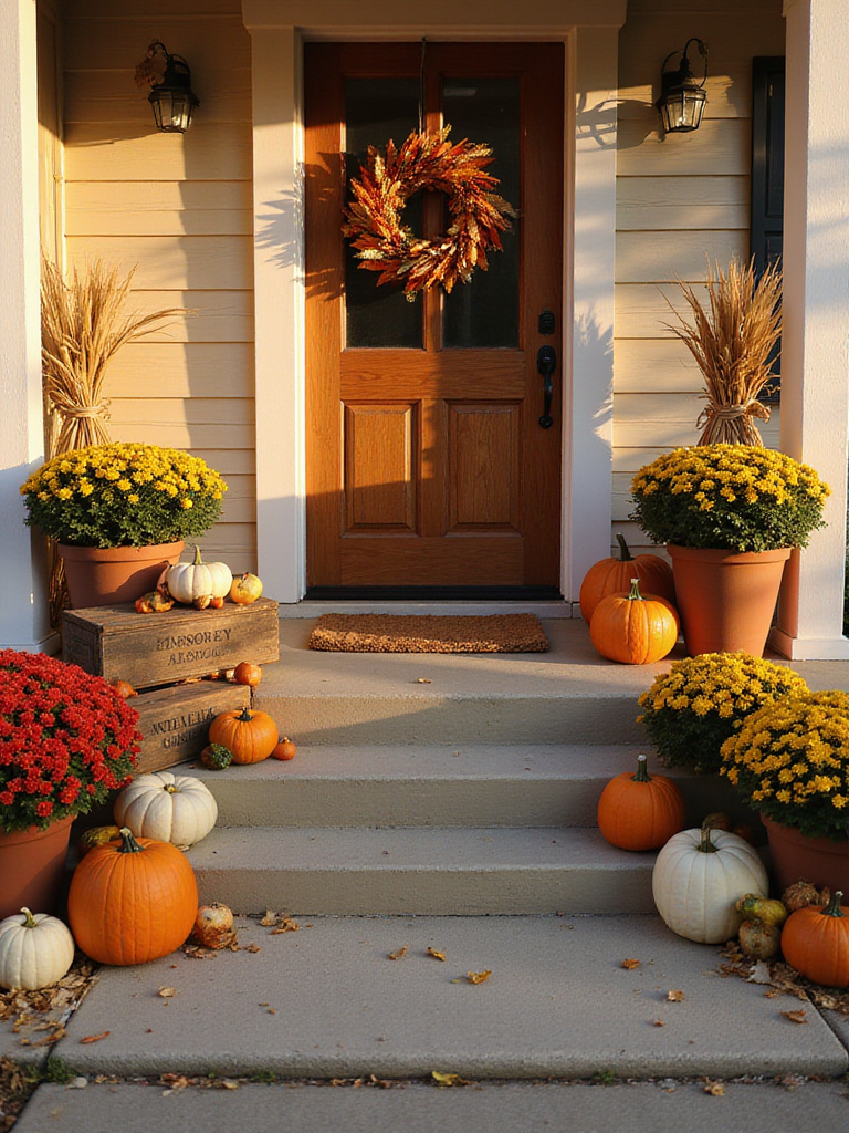 A charming front porch decorated for fall with pumpkins, gourds, mums, cornstalks, and a seasonal wreath.