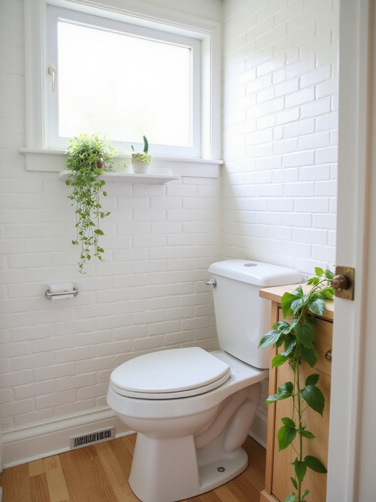 Small bathroom with white tiles and wood accents, featuring a snake plant on a shelf and a trailing pothos plant on the vanity, adding a touch of greenery.
